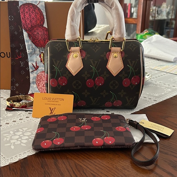 Source Unknown Handbags - Designer Brown Monogram Cherry-Print 20” Mini Speedy with Matching Pouch